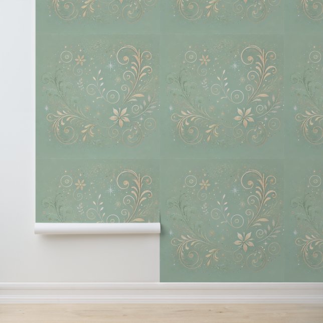 Pastel Green Shade Floral Motif Wallpaper (Application)