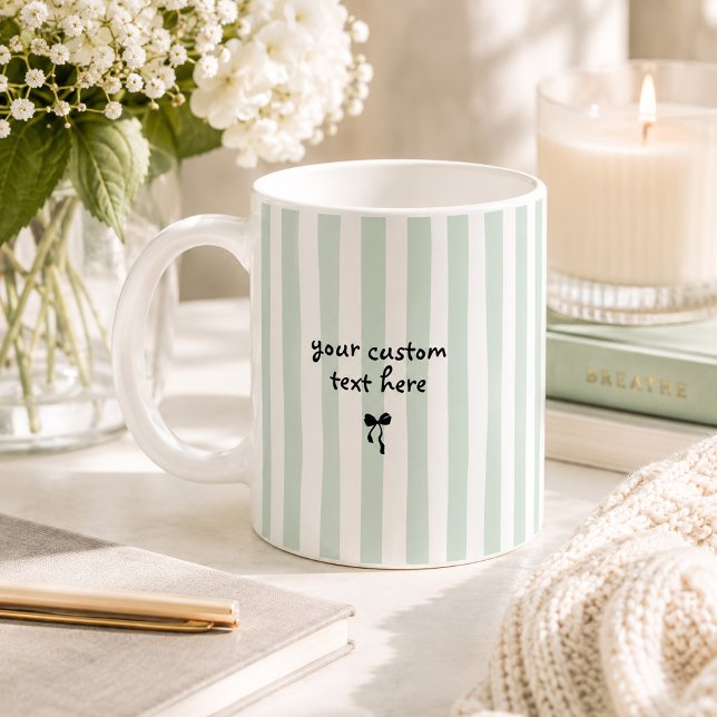 Pastel Green Stripes Custom Text Bow Personalised Coffee Mug (Pastel sage green striped personalized coffee mug with custom text and petite bow.)