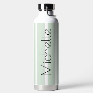 Pastel Green Stripes with Name Water Bottle