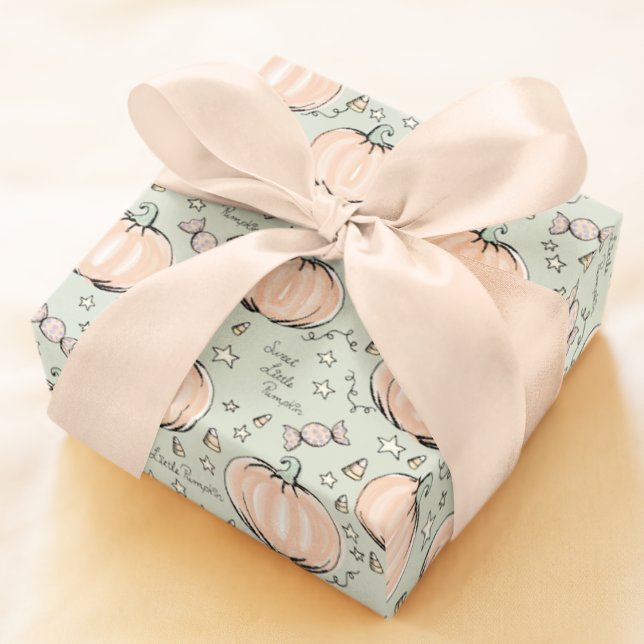 Pastel Green Sweet Little Pumpkin Baby Wrapping Paper (Cute Pastel Baby Halloween or Autumn Baby Shower Pattern of Orange Pumpkins, Candy, & Little Stars.)