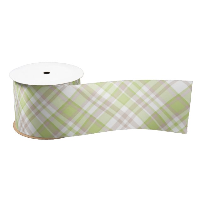 PASTEL GREEN TAN WHITE PLAID PATTERNS SATIN RIBBON (Spool)