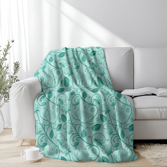 Pastel Green Tones Lotus Embossed look Fleece Blanket (Creator Uploaded)