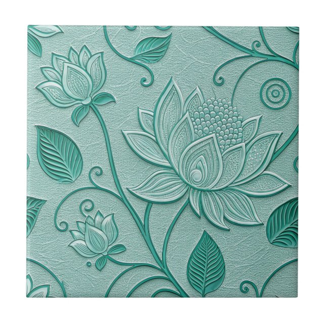 Pastel Green Tones Lotus Embossed Look Tile (Front)