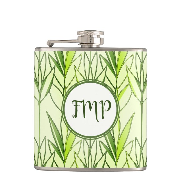  Pastel Green Tropical Foliage Nature Deco Pattern Hip Flask (Front)
