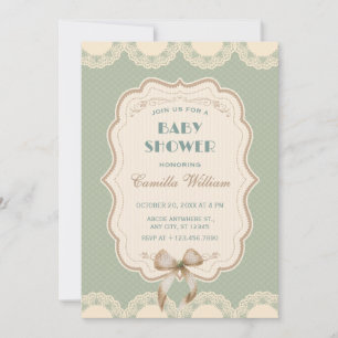 Pastel green vintage classic bow baby shower invitation