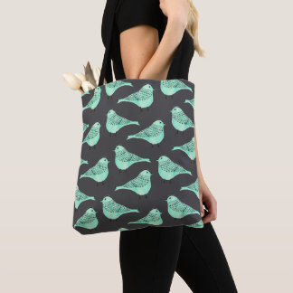 Pastel green watercolor bird black brushstrokes to tote bag