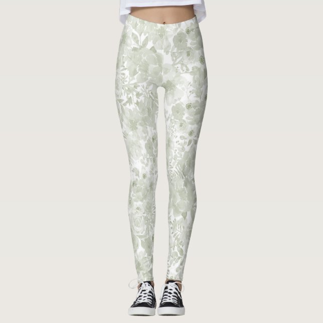 Pastel green watercolor botanical floral leggings (Front)
