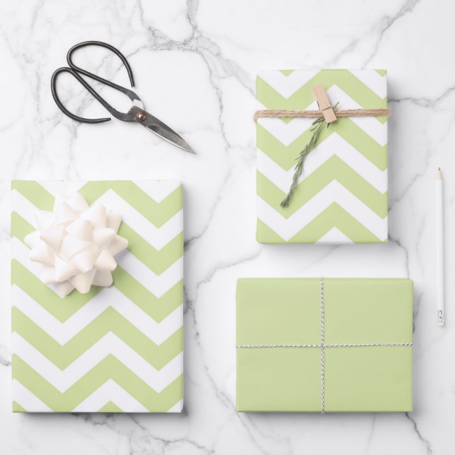 Pastel Green & White Chevron Wedding Birthday Wrapping Paper Sheet (Front)