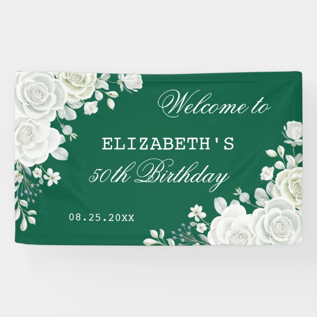 Pastel Green White Rose Floral Welcome Birthday Banner (Horizontal)