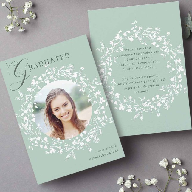 Pastel Green White Wildflower Wreath Graduation Announcement (Front & Back)