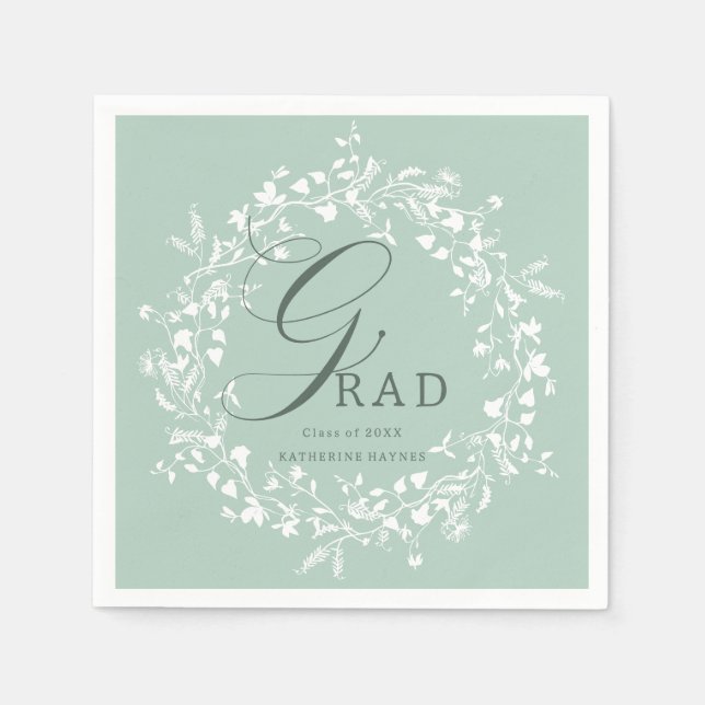 Pastel Green White Wildflower Wreath Graduation  Napkin (Front)