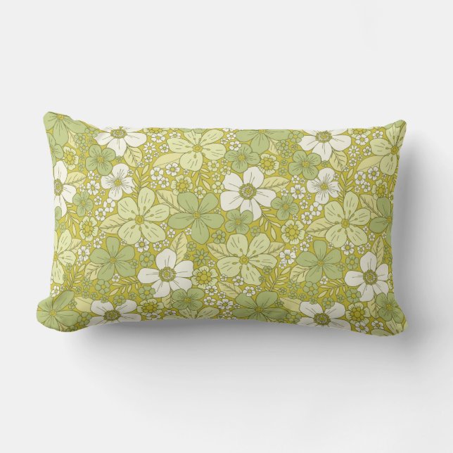 Pastel Green & Yellow Flower Pattern Lumbar Cushion (Front)