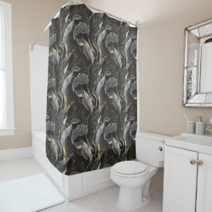 Pastel Grey & Gold Tropical Palm Leaves Black Shower Curtain