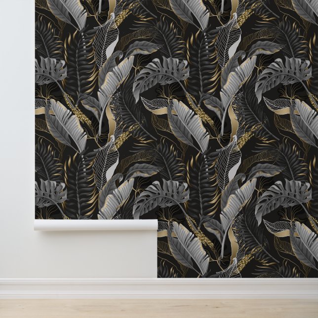 Pastel Grey & Gold Tropical Palm Leaves Black Wallpaper (Application)
