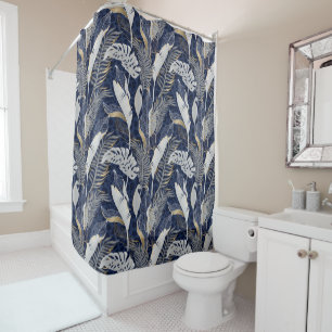 Pastel Grey & Gold Tropical Palm Leaves Dark Blue Shower Curtain