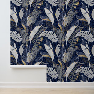 Pastel Grey & Gold Tropical Palm Leaves Dark Blue Wallpaper
