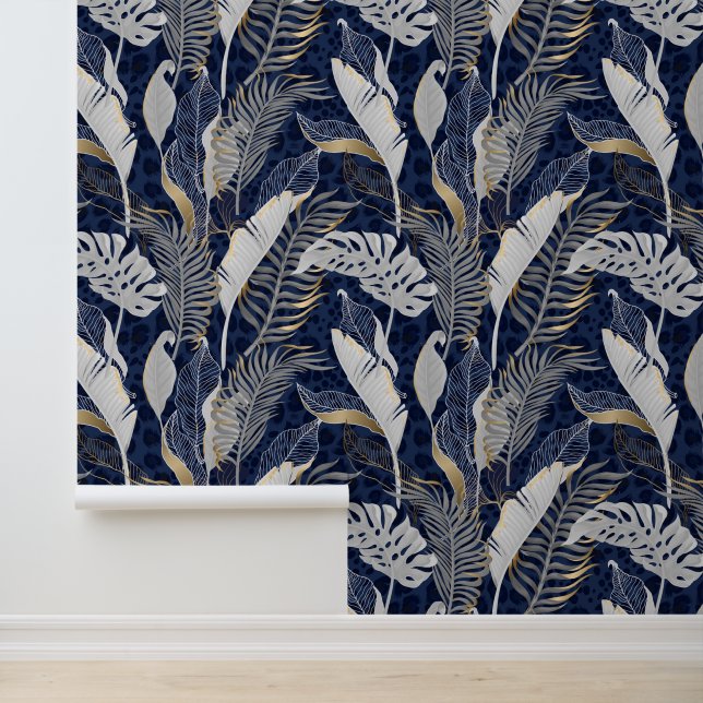 Pastel Grey & Gold Tropical Palm Leaves Dark Blue Wallpaper (Application)