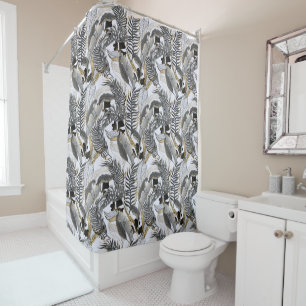 Pastel Grey Gold Tropical Palm Leaves Titan White Shower Curtain