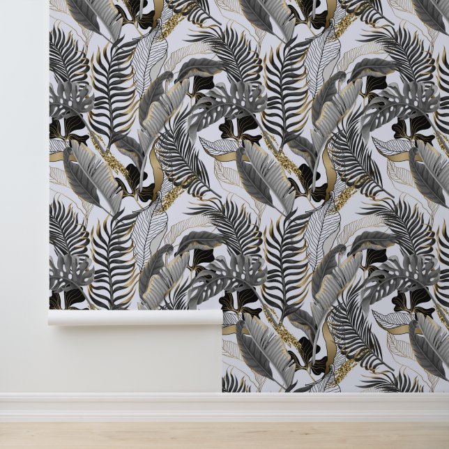 Pastel Grey Gold Tropical Palm Leaves Titan White Wallpaper (Application)