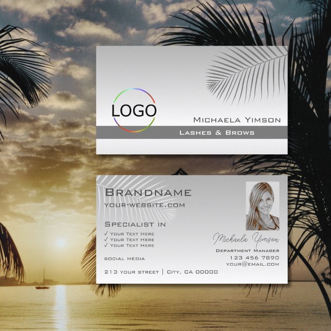 Pastel Grey Gradient Palm Leaf Logo and Photo Business Card (Creator Uploaded)