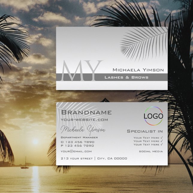 Pastel Grey Gradient Palm Leaf Monogram and Logo Business Card (Creator Uploaded)