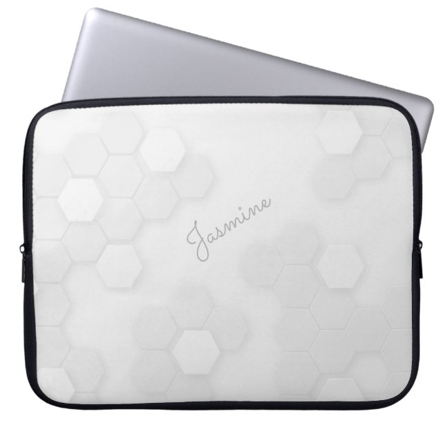 Pastel Grey Hexagonal Pattern with Custom Name Laptop Sleeve (Front)