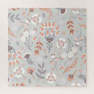 Pastel Grey Orange Floral: Vintage Elegance Jigsaw Puzzle