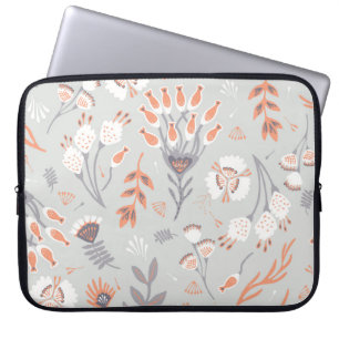 Pastel Grey Orange Floral: Vintage Elegance Laptop Sleeve