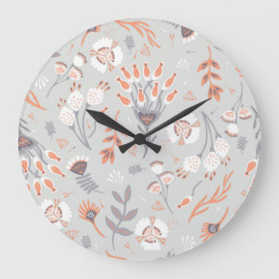 Pastel Grey Orange Floral: Vintage Elegance Large Clock