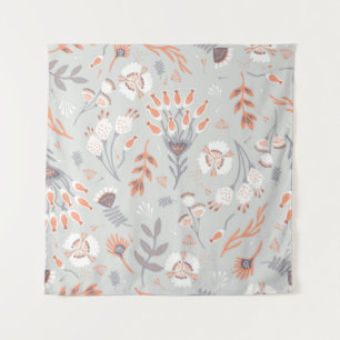 Pastel Grey Orange Floral: Vintage Elegance Tapestry