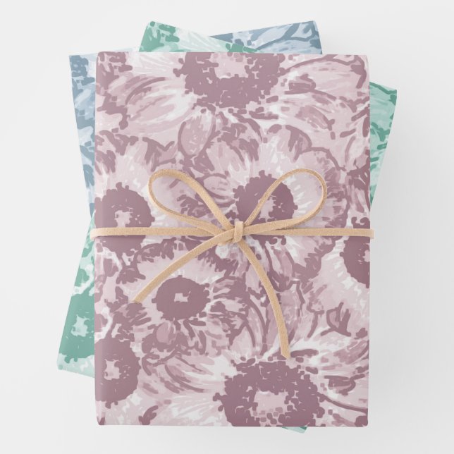 Pastel Grey Teal Green Floral Pattern Wrapping Paper Sheet (In situ)