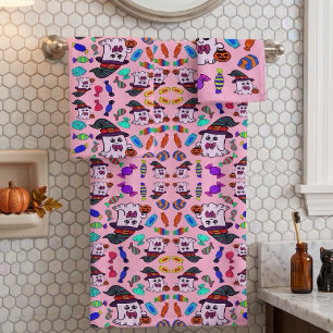 Pastel Halloween Candy & Cute Witch Ghosts Pattern Bath Towel Set