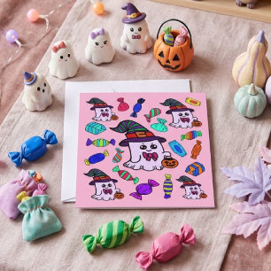 Pastel Halloween Candy & Cute Witch Ghosts Pattern Card