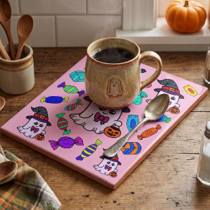 Pastel Halloween Candy & Cute Witch Ghosts Pattern Tile