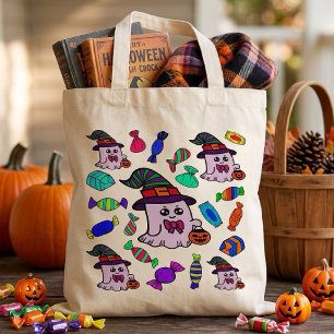 Pastel Halloween Candy & Cute Witch Ghosts Pattern Tote Bag