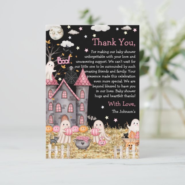 Pastel Halloween Little Boo Girl Baby Shower Thank You Card (Standing Front)