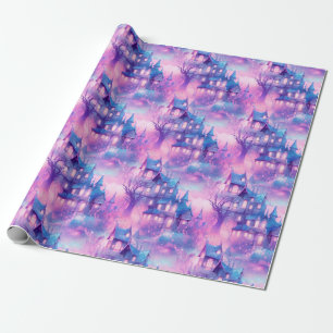 Pastel Halloween Purples and Pinks Spooky House Wrapping Paper