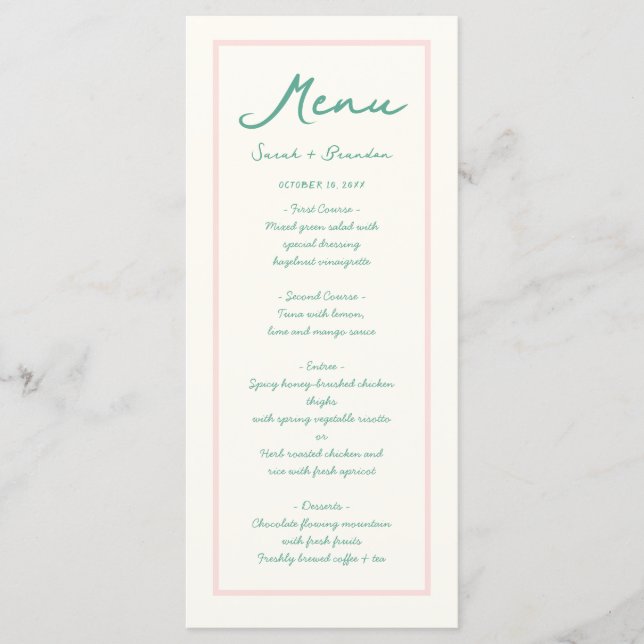 Pastel Handwriting Pinky Green  Retro Wedding Menu (Front)