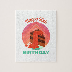 Pastel Happy 50th Birthday Party Cake Piece Jigsaw Puzzle