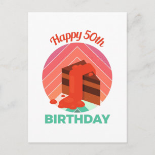 Pastel Happy 50th Birthday Party Cake Piece Postcard
