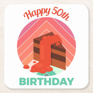Pastel Happy 50th Birthday Party Cake Piece Square Paper Coaster