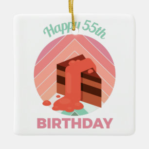 Pastel Happy 55th Birthday Party Cake Piece Ceramic Ornament