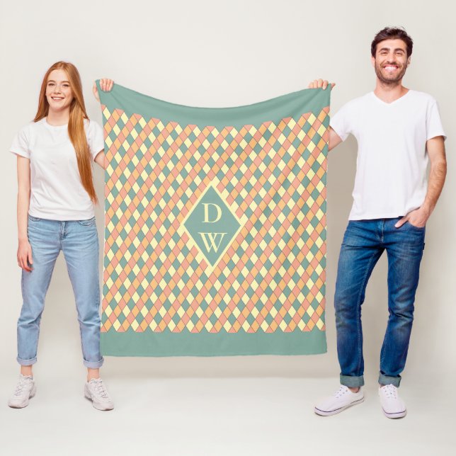 Pastel Harlequin Diamond Monogram Decor Fleece Blanket (In Situ)