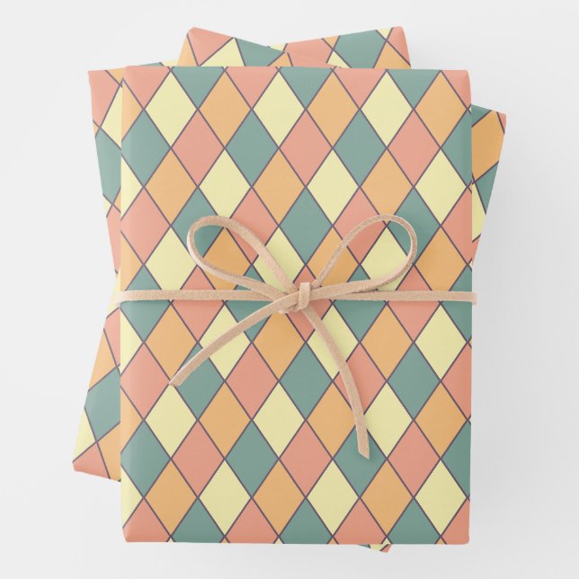 Pastel Harlequin Diamond Pattern Gift Wrapping Paper Sheet (In situ)
