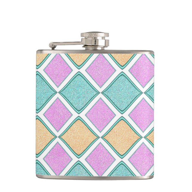 Pastel Harlequin Prism Diamond Pattern Hip Flask (Front)