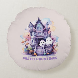 Pastel Hauntings – Cute Pastel Purple House Round Cushion