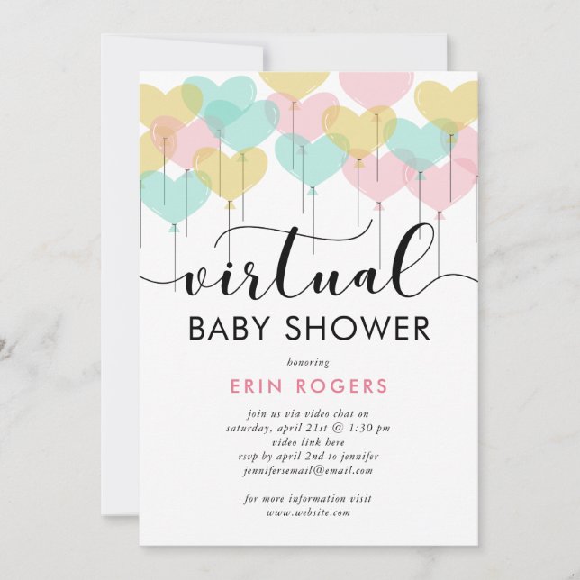 Pastel Heart Balloons Virtual Baby Shower Invitation (Front)