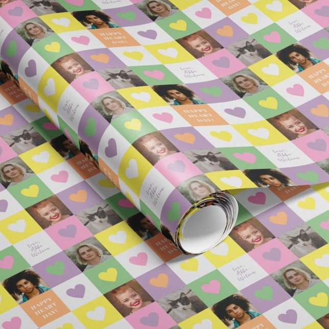 Pastel Heart Chequerboard with Photos Valentine Wrapping Paper (pastel checkerboard heart pattern Valentine's Day gift wrap with custom photos and  personal text)