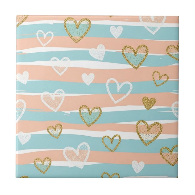 Pastel Heart Stripes Glitter Style Pattern (10) Tile (Front)