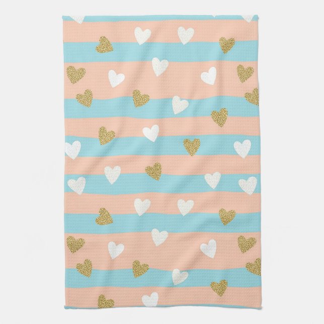 Pastel Heart Stripes Glitter Style Pattern (14) Tea Towel (Vertical)